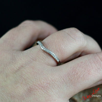 Unique Curved Wedding Ring/ Diamond Matching Ring/ 18K Gold Moissanite Wedding Ring/ Dainty Stacking Rings/ Chevron Wedding Ring White Gold Wan Love Designs