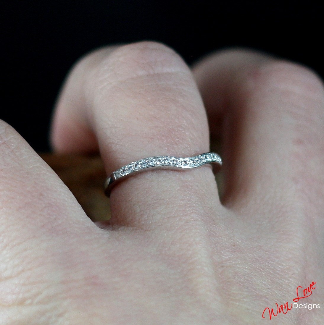 Unique Curved Wedding Ring/ Diamond Matching Ring/ 18K Gold Moissanite Wedding Ring/ Dainty Stacking Rings/ Chevron Wedding Ring White Gold Wan Love Designs