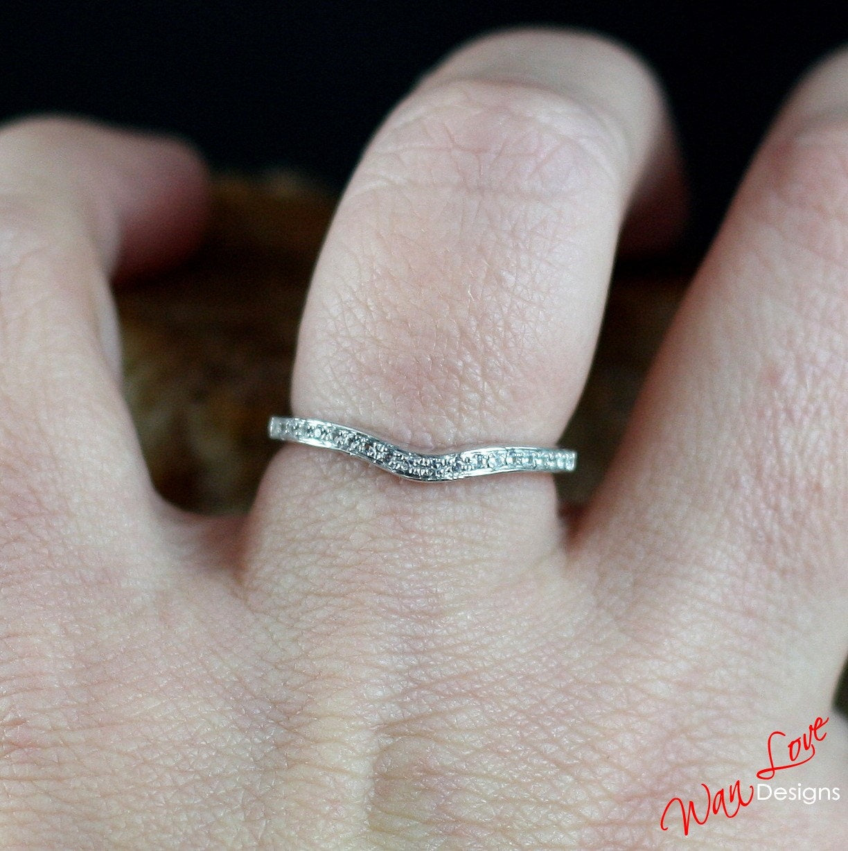 Unique Curved Wedding Ring/ Diamond Matching Ring/ 18K Gold Moissanite Wedding Ring/ Dainty Stacking Rings/ Chevron Wedding Ring White Gold Wan Love Designs