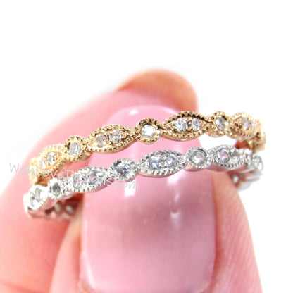Unique Diamond Gold Art Deco Wedding Band, Full Eternity Ring, Stacking Wedding Band, Scalloped Milgrain Vintage Wedding Anniversary Ring Wan Love Designs