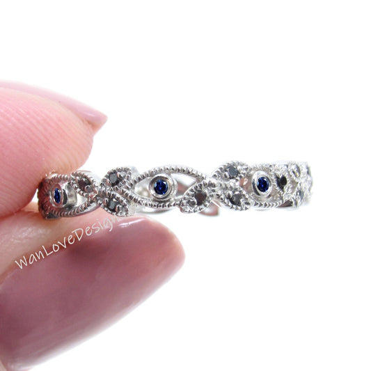 Unique Milgrain Leaf Engagement Rings/ Blue Sapphire Wedding Bands/ Diamond 18K Gold Rings/ Gorgeous Vintage Filigree Ring/ Handcrafted Ring Wan Love Designs