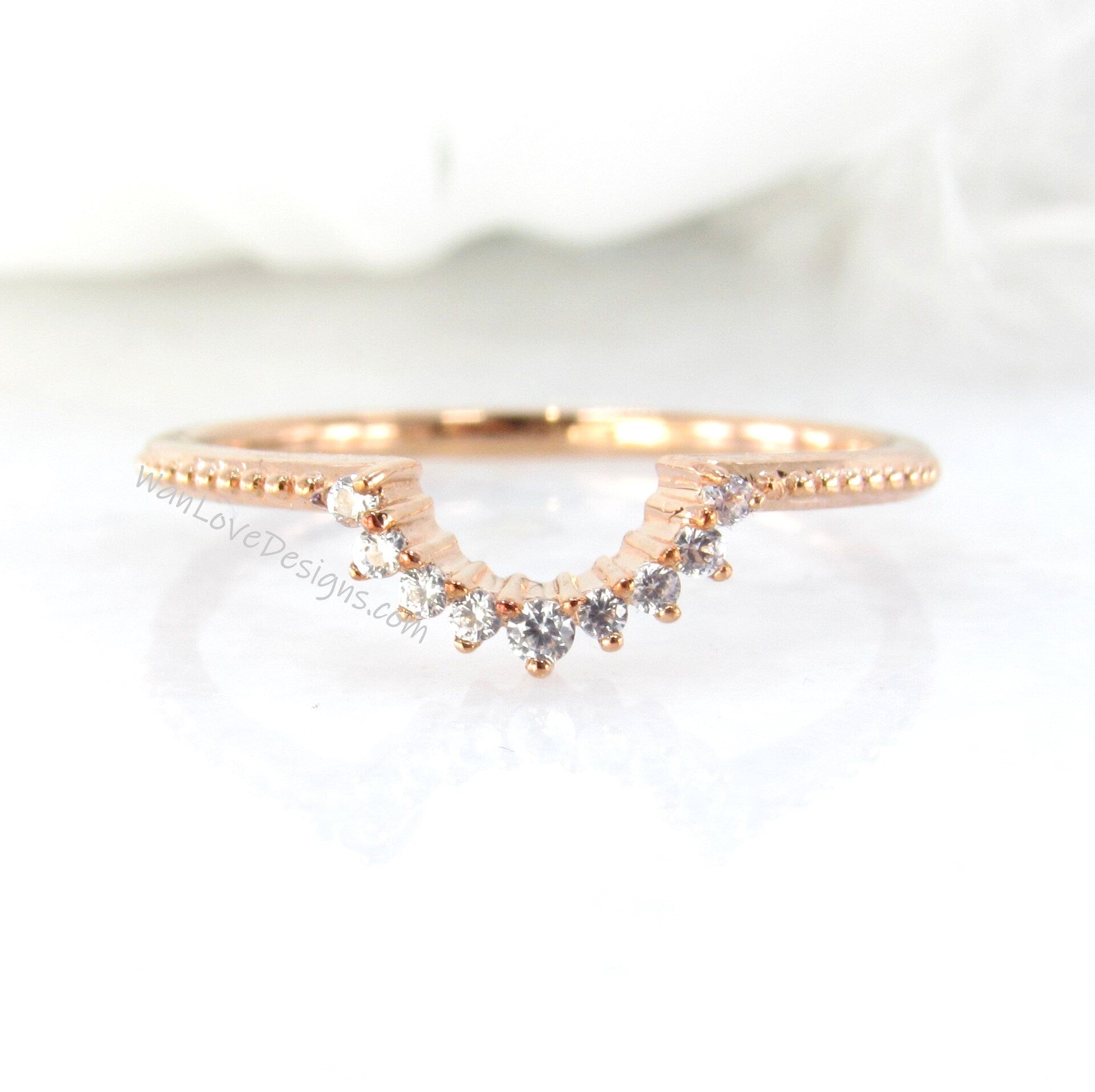 Unique Moissanite Curved Bands/ 18K Rose Gold Crown Engagement Rings/ Art Deco Promise Ring/ Handmade Milgrain Jewelry/ Antique Wedding Band Wan Love Designs