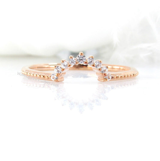 Unique Moissanite Curved Bands/ 18K Rose Gold Crown Engagement Rings/ Art Deco Promise Ring/ Handmade Milgrain Jewelry/ Antique Wedding Band Wan Love Designs