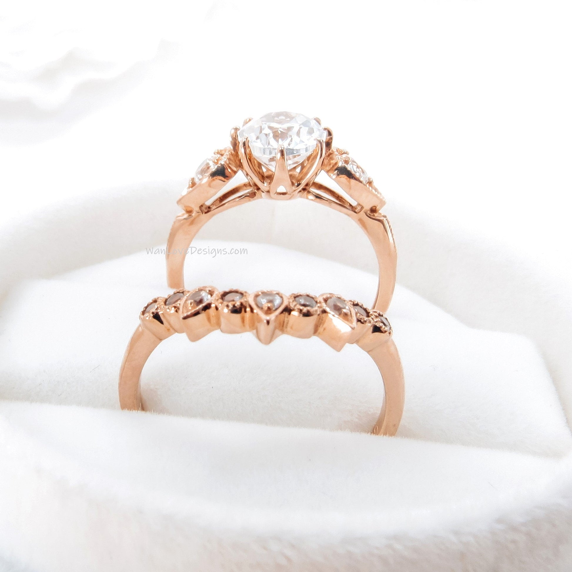 Unique Oval Shaped Alexandrite Engagement Ring Boho Bridal Ring Set U Shaped Wedding Band Solid 14k Real Rose Gold Alternative Wedding Ring Wan Love Designs