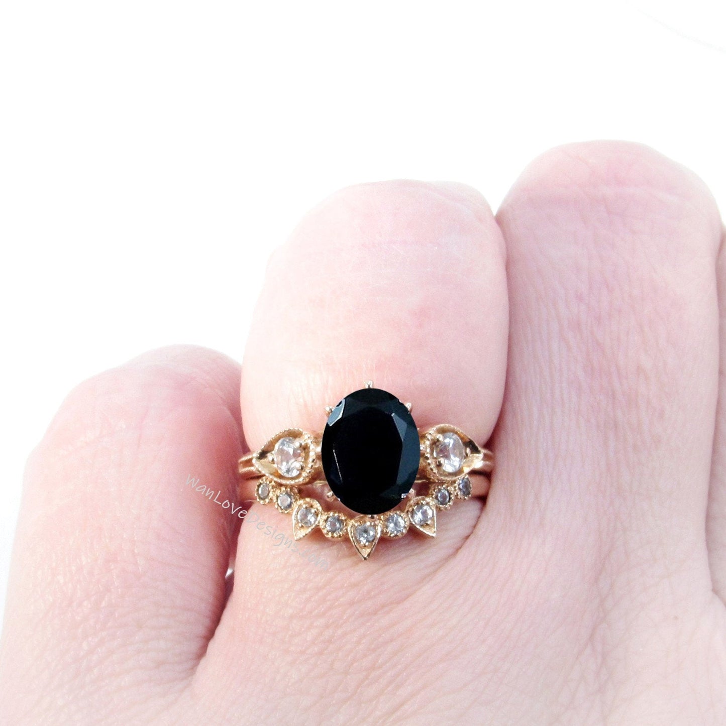 Unique Oval Shaped Black Sapphire Engagement Ring Boho Bridal Ring Set U Shaped Wedding Band Solid 14k Rose Gold Alternative Wedding Ring Wan Love Designs