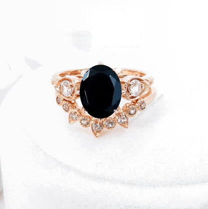 Unique Oval Shaped Black Sapphire Engagement Ring Boho Bridal Ring Set U Shaped Wedding Band Solid 14k Rose Gold Alternative Wedding Ring Wan Love Designs