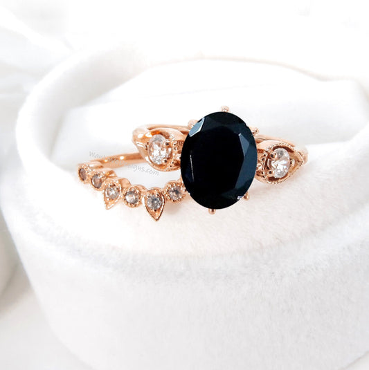 Unique Oval Shaped Black Sapphire Engagement Ring Boho Bridal Ring Set U Shaped Wedding Band Solid 14k Rose Gold Alternative Wedding Ring Wan Love Designs