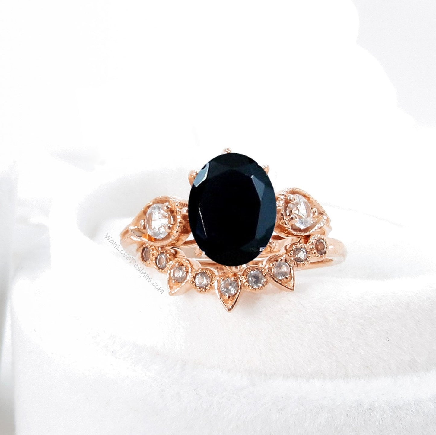 Unique Oval Shaped Black Sapphire Engagement Ring Boho Bridal Ring Set U Shaped Wedding Band Solid 14k Rose Gold Alternative Wedding Ring Wan Love Designs