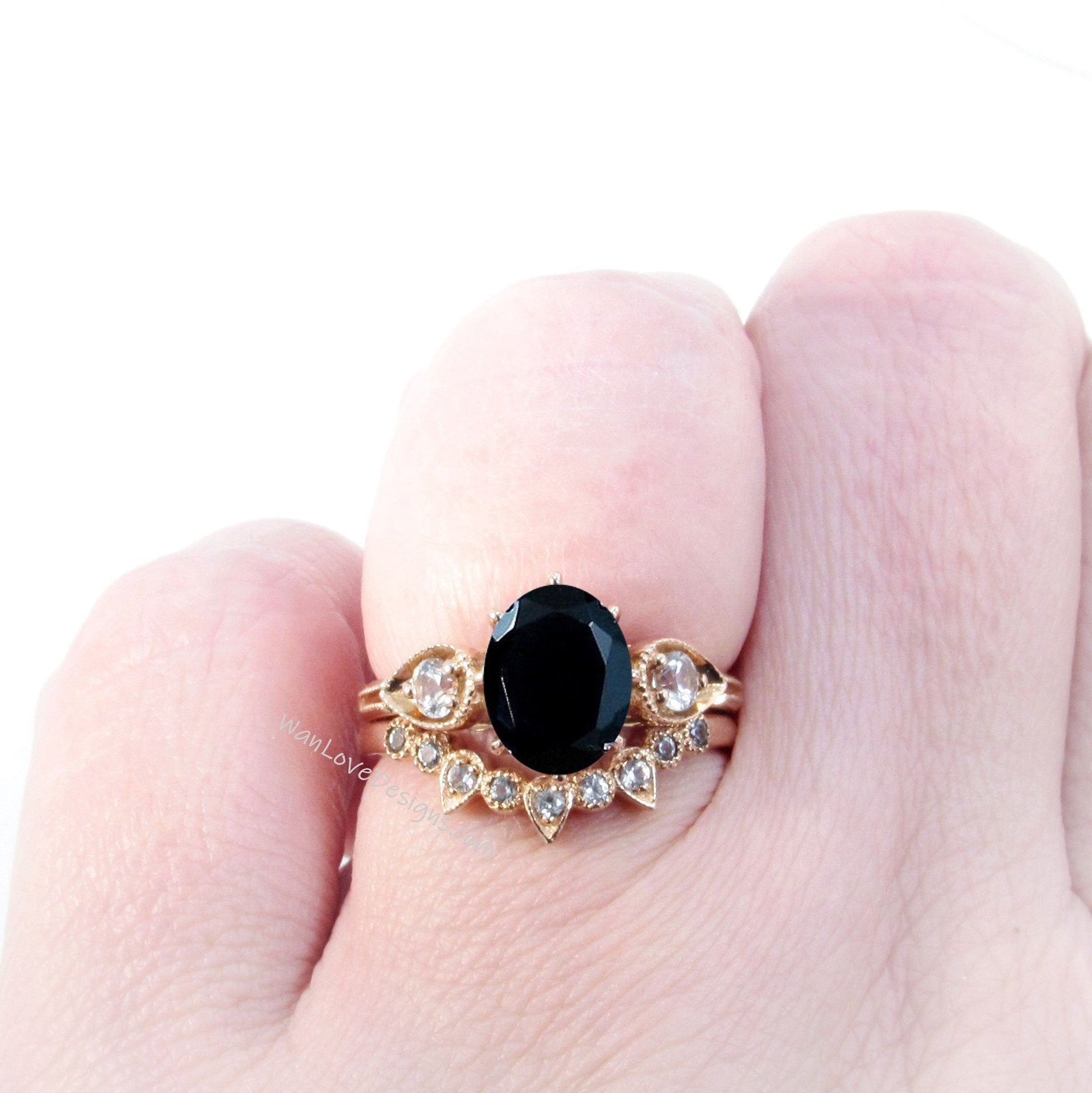 Unique Oval Shaped Black Spinel Engagement Ring Boho Bridal Ring Set U Shaped Wedding Band Solid 14k Real Rose Gold Alternative Wedding Ring Wan Love Designs