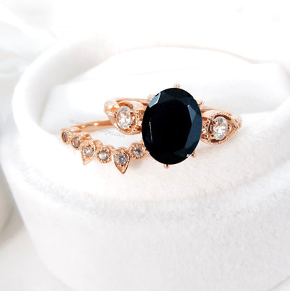 Unique Oval Shaped Black Spinel Engagement Ring Boho Bridal Ring Set U Shaped Wedding Band Solid 14k Real Rose Gold Alternative Wedding Ring Wan Love Designs