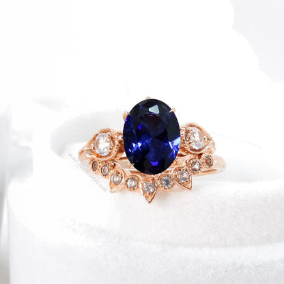 Unique Oval Shaped Blue Sapphire Engagement Ring Boho Bridal Ring Set U Shape Wedding Band Solid 14k Real Rose Gold Alternative Wedding Ring Wan Love Designs