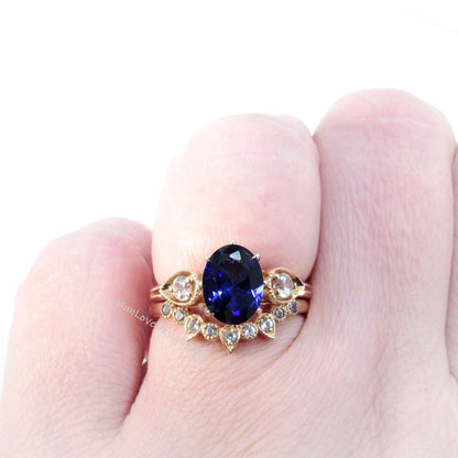 Unique Oval Shaped Blue Sapphire Engagement Ring Boho Bridal Ring Set U Shape Wedding Band Solid 14k Real Rose Gold Alternative Wedding Ring Wan Love Designs