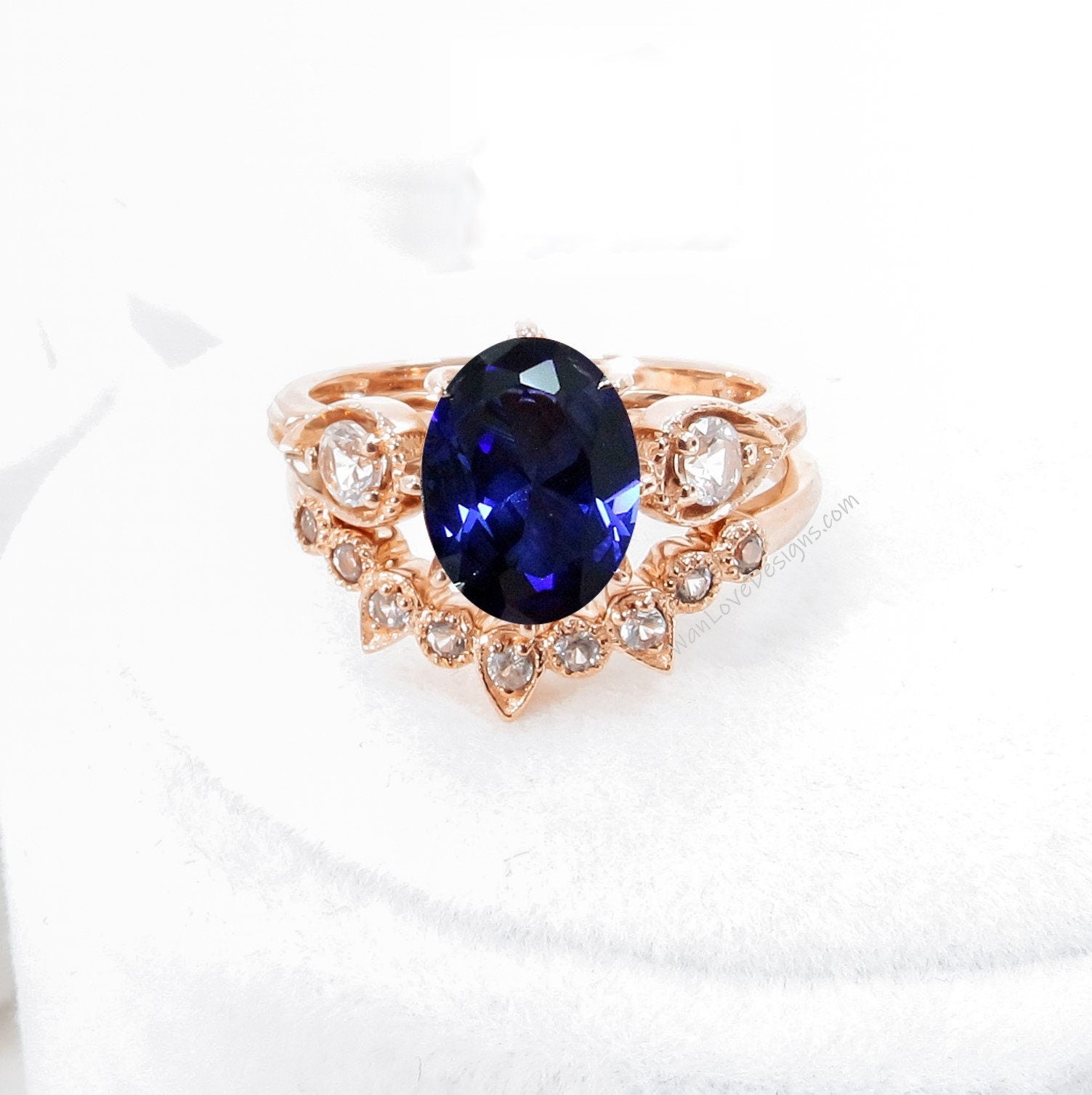 Unique Oval Shaped Blue Sapphire Engagement Ring Boho Bridal Ring Set U Shape Wedding Band Solid 14k Real Rose Gold Alternative Wedding Ring Wan Love Designs