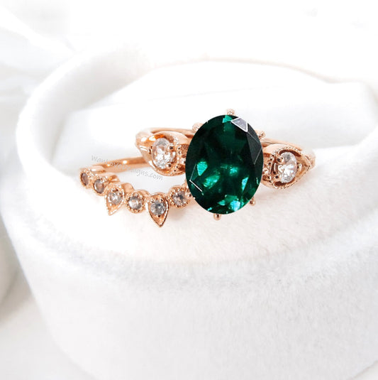 Unique Oval Shaped Emerald Engagement Ring Boho Bridal Ring Set U Shaped Wedding Band Solid 14k Real Rose Gold Alternative Wedding Ring Wan Love Designs