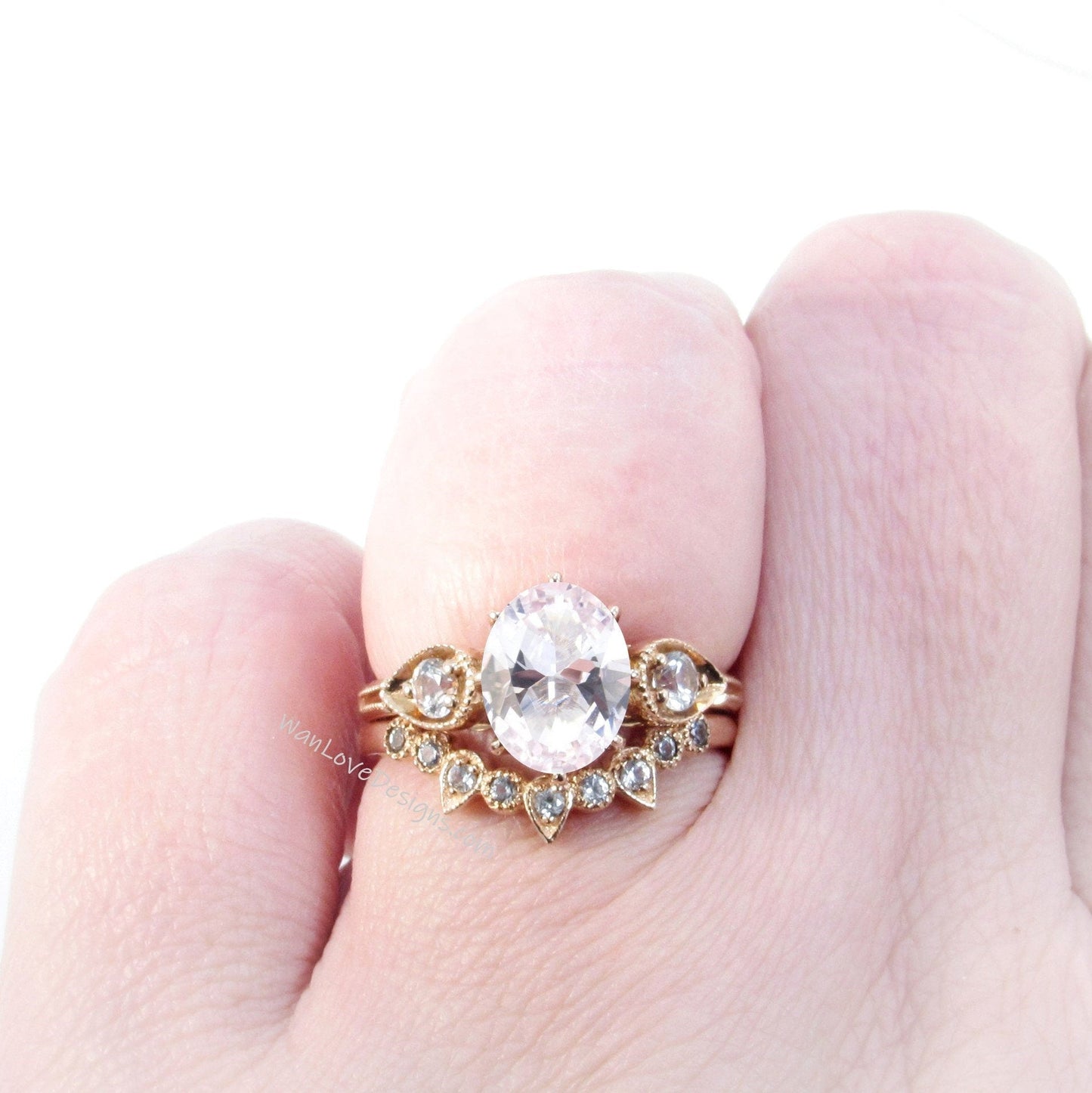 Unique Oval Shaped Light Pink Sapphire Engagement Ring Boho Bridal Ring Set U Wedding Band Solid 14k Rose Gold Alternative Wedding Ring Wan Love Designs