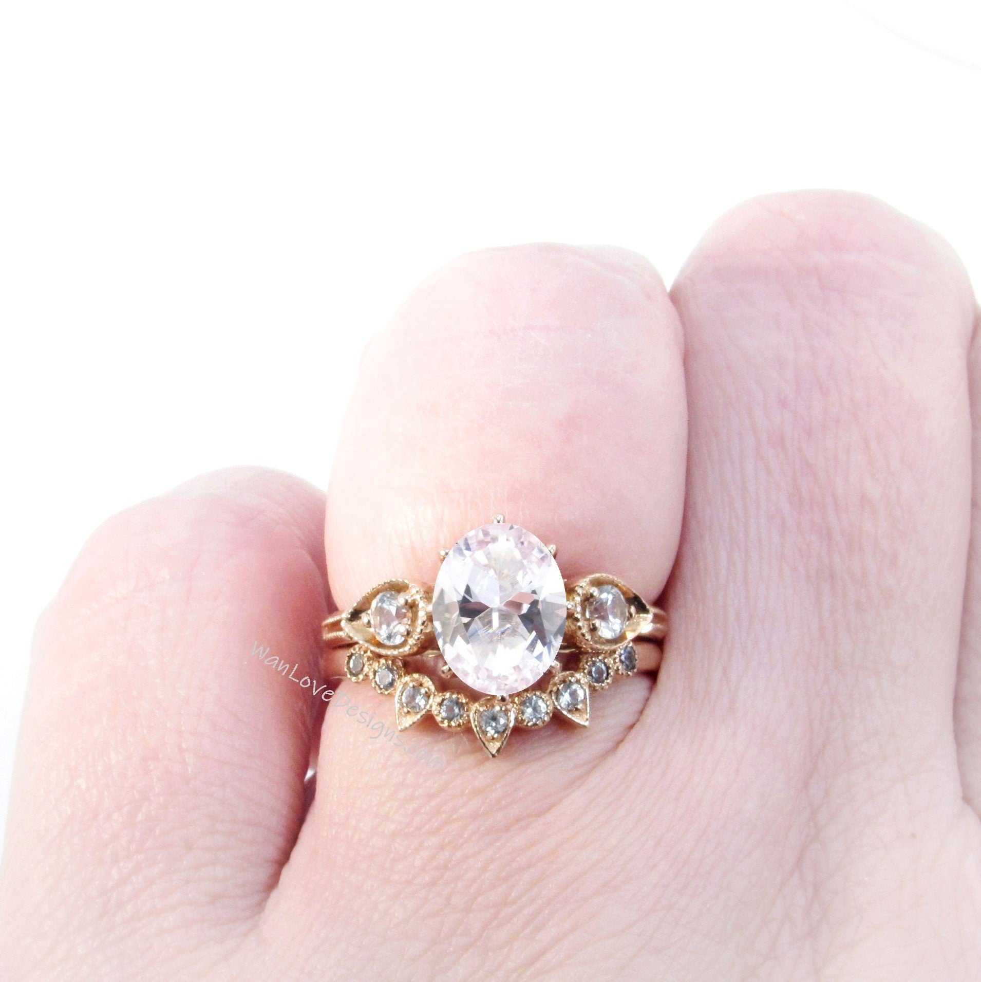 Unique Oval Shaped Light Pink Sapphire Engagement Ring Boho Bridal Ring Set U Wedding Band Solid 14k Rose Gold Alternative Wedding Ring Wan Love Designs