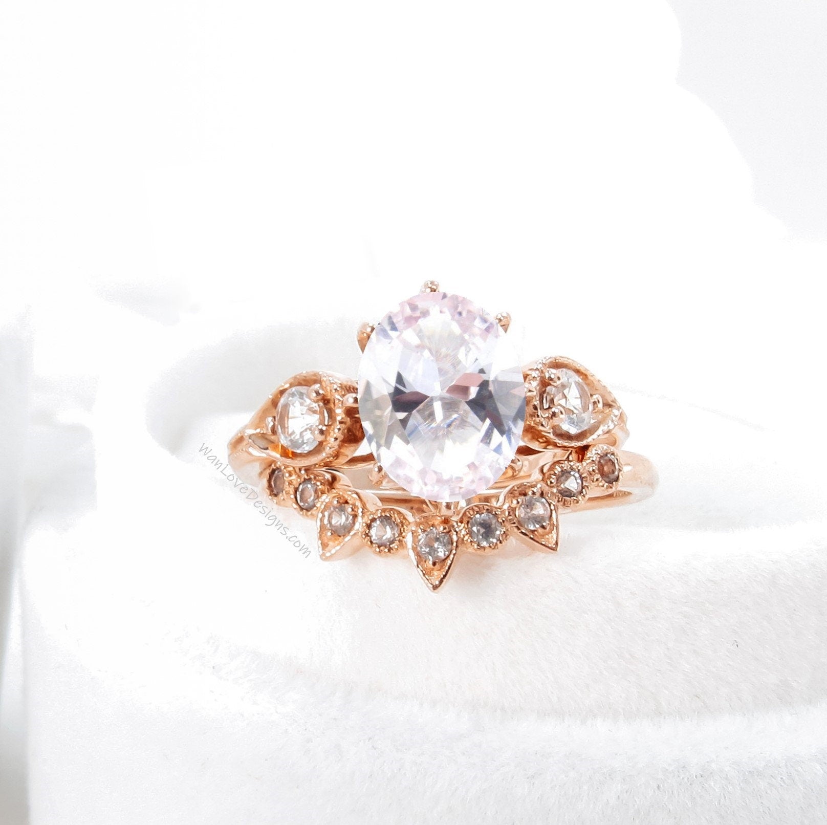 Unique Oval Shaped Light Pink Sapphire Engagement Ring Boho Bridal Ring Set U Wedding Band Solid 14k Rose Gold Alternative Wedding Ring Wan Love Designs