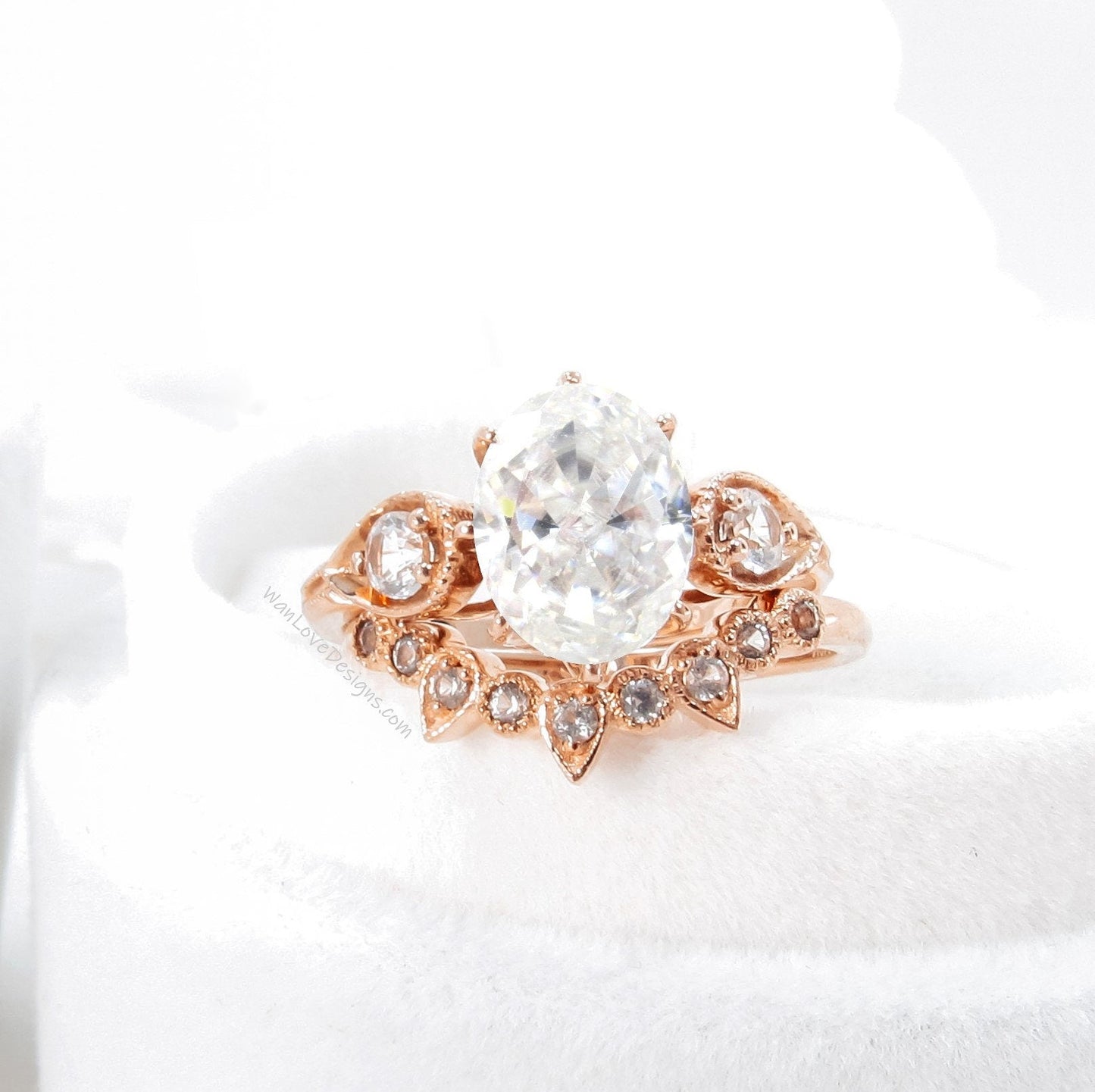 Unique Oval Shaped Moissanite Engagement Ring Boho Bridal Ring Set U Shaped Wedding Band Solid 14k Real Rose Gold Alternative Wedding Ring Wan Love Designs