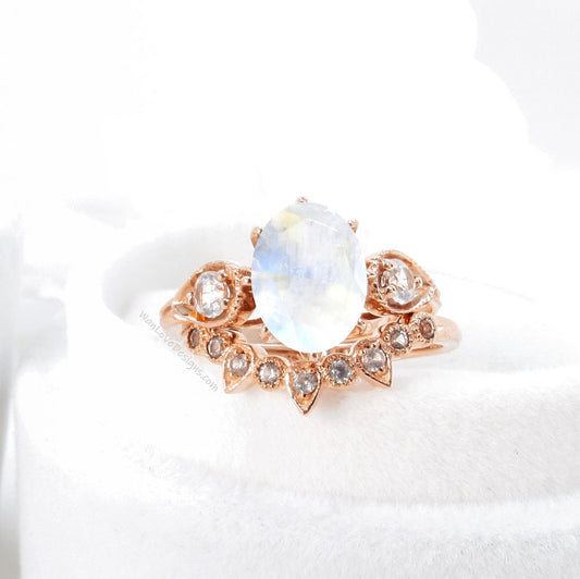 Unique Oval Shaped Moonstone Engagement Ring Boho Bridal Ring Set U Shaped Wedding Band Solid 14k Real Rose Gold Alternative Wedding Ring Wan Love Designs