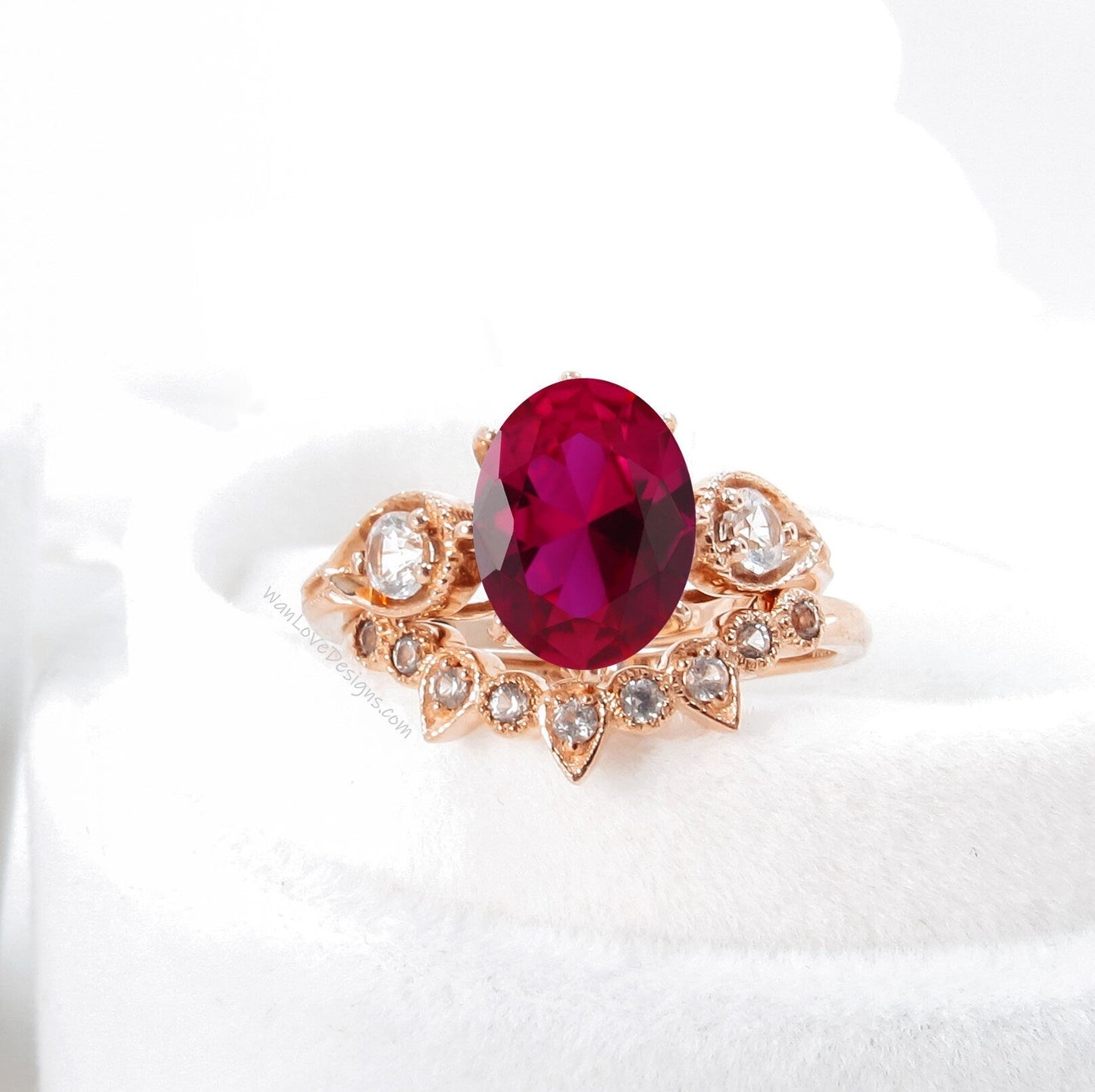 Unique Oval Shaped Ruby Engagement Ring Boho Bridal Ring Set U Shaped Wedding Band Solid 14k Real Rose Gold Alternative Wedding Ring Wan Love Designs