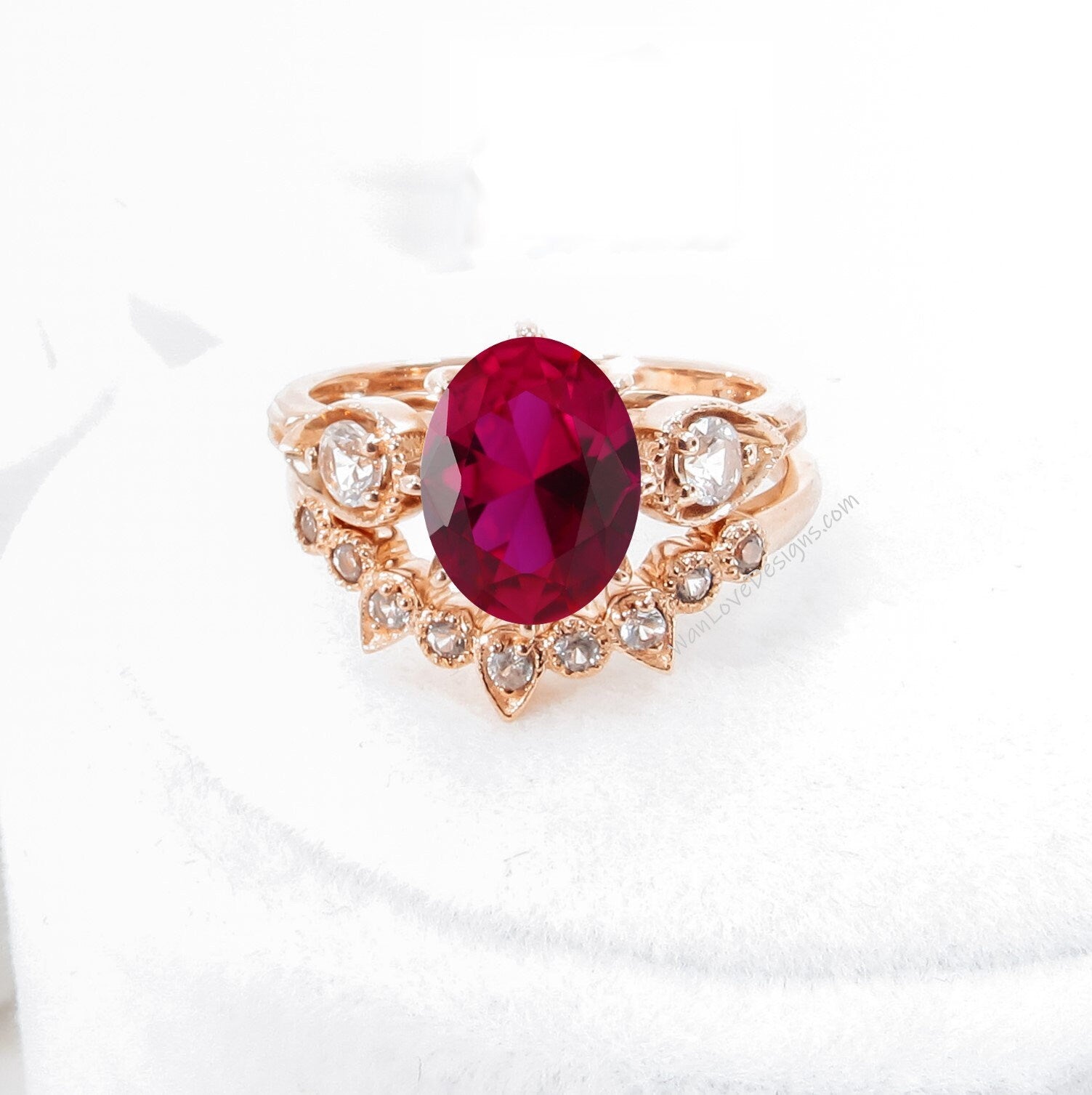 Unique Oval Shaped Ruby Engagement Ring Boho Bridal Ring Set U Shaped Wedding Band Solid 14k Real Rose Gold Alternative Wedding Ring Wan Love Designs