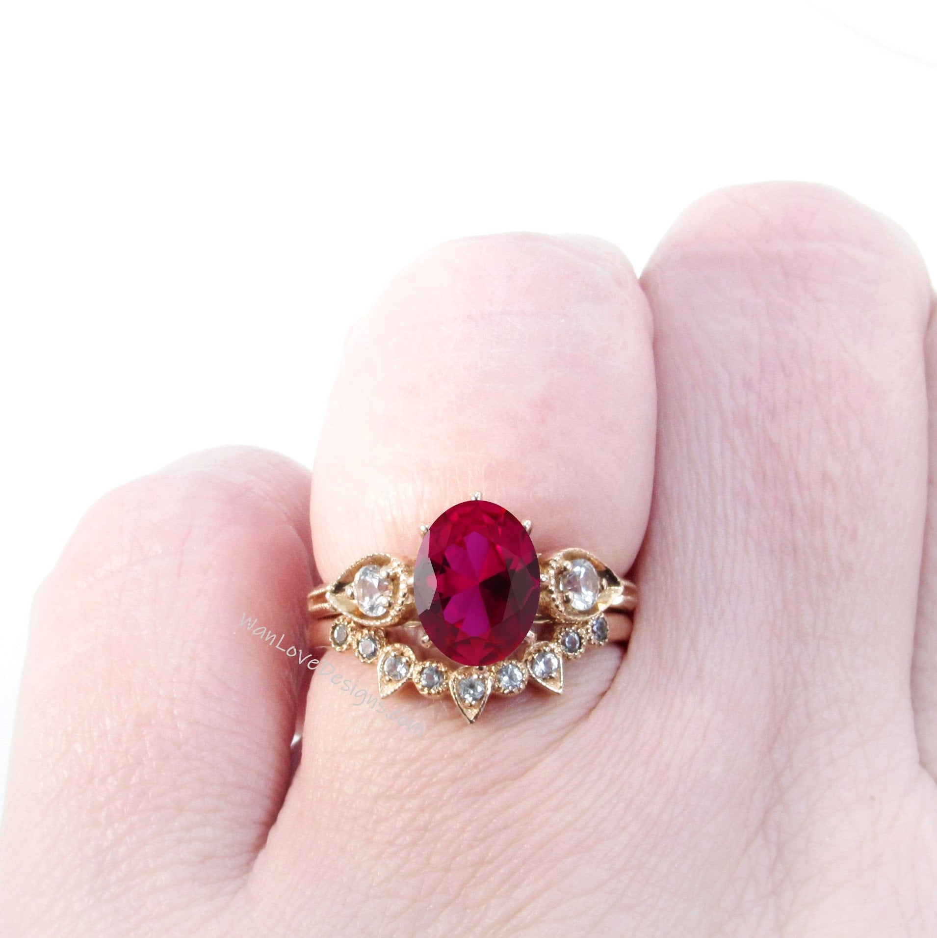 Unique Oval Shaped Ruby Engagement Ring Boho Bridal Ring Set U Shaped Wedding Band Solid 14k Real Rose Gold Alternative Wedding Ring Wan Love Designs