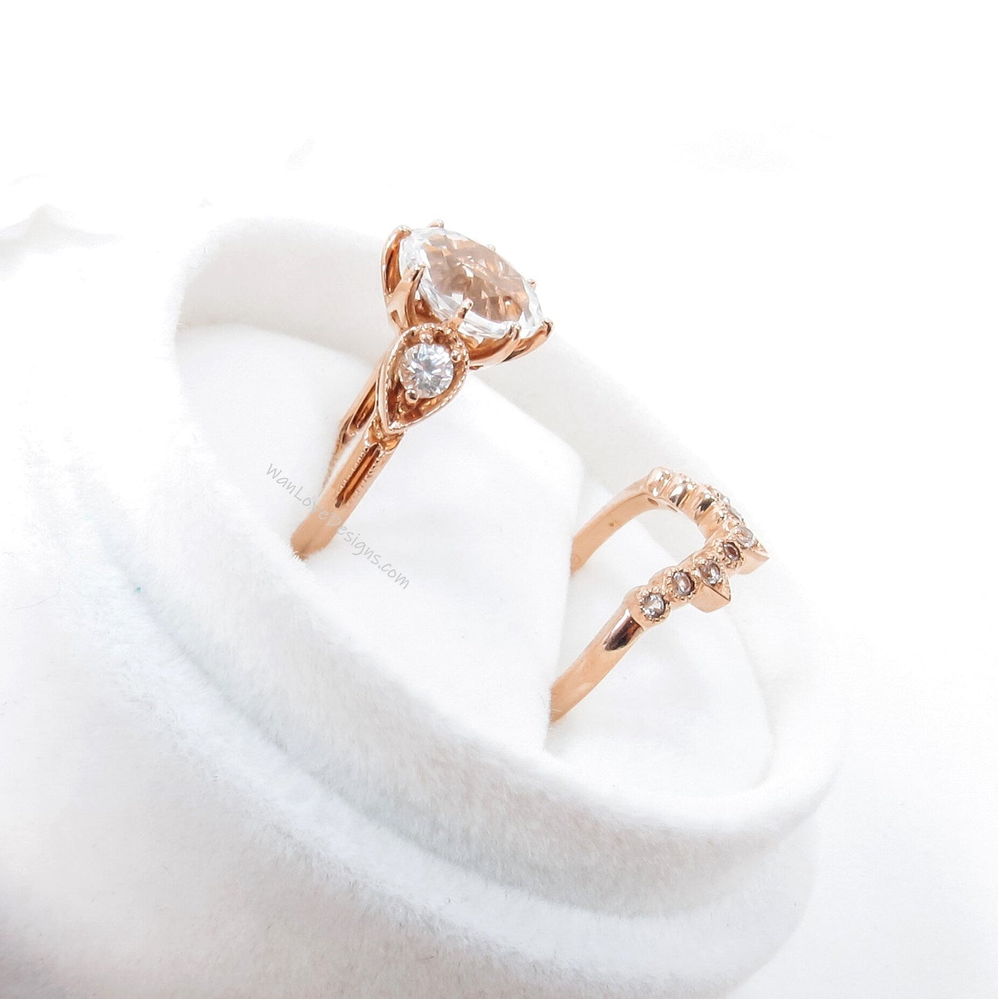 Unique Oval Shaped White Sapphire Engagement Ring Boho Bridal Ring Set U Shape Wedding Band Solid 14k Rose Gold Alternative Wedding Ring Wan Love Designs