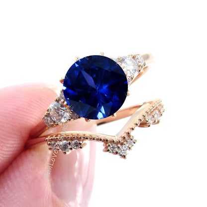 Unique Rose gold Blue Sapphire engagement ring set Round Cluster Royal ring Round women Curved crown Diamond wedding Band Ring Bridal gift Wan Love Designs