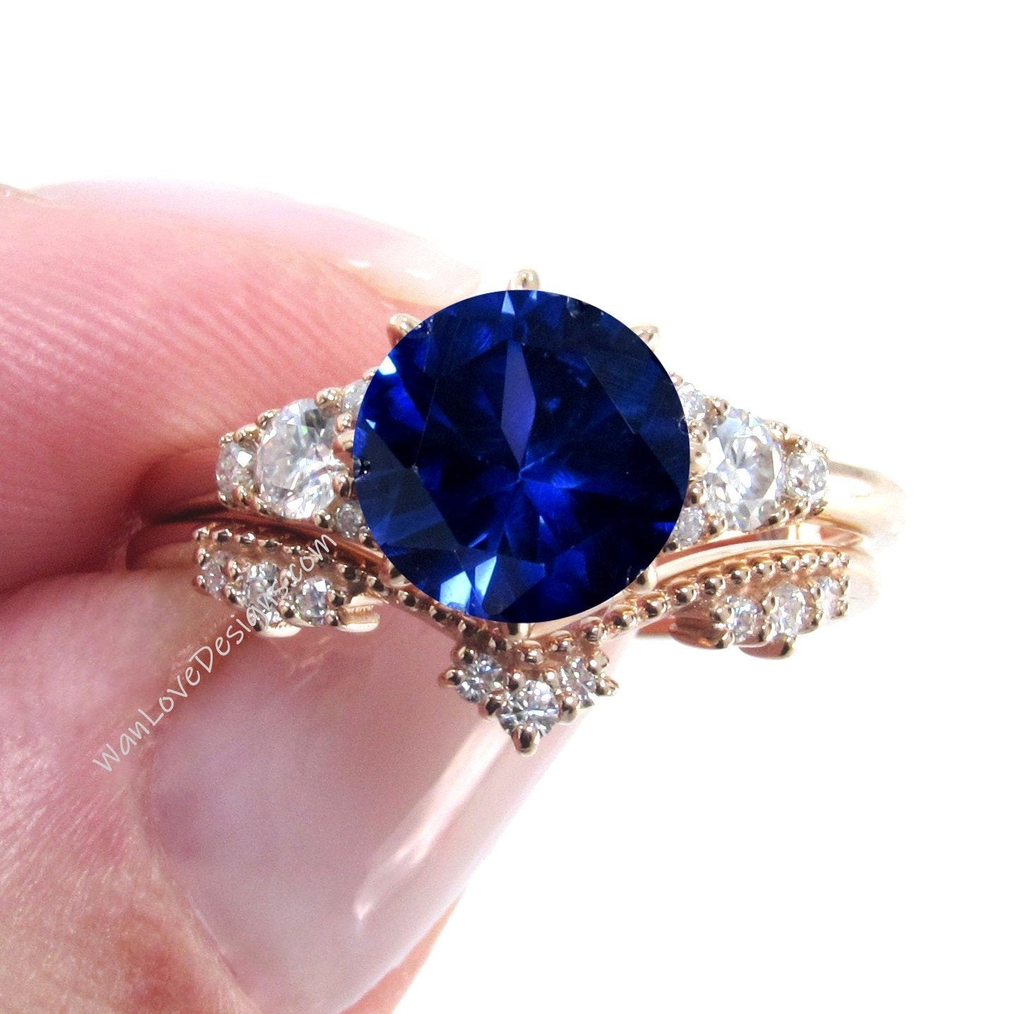 Unique Rose gold Blue Sapphire engagement ring set Round Cluster Royal ring Round women Curved crown Diamond wedding Band Ring Bridal gift Wan Love Designs