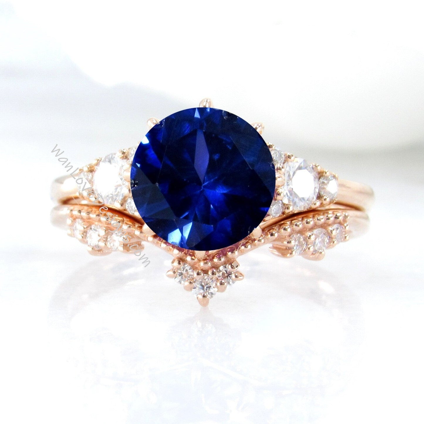 Unique Rose gold Blue Sapphire engagement ring set Round Cluster Royal ring Round women Curved crown Diamond wedding Band Ring Bridal gift Wan Love Designs