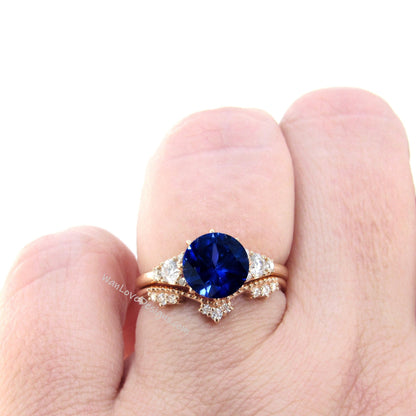 Unique Rose gold Blue Sapphire engagement ring set Round Cluster Royal ring Round women Curved crown Diamond wedding Band Ring Bridal gift Wan Love Designs