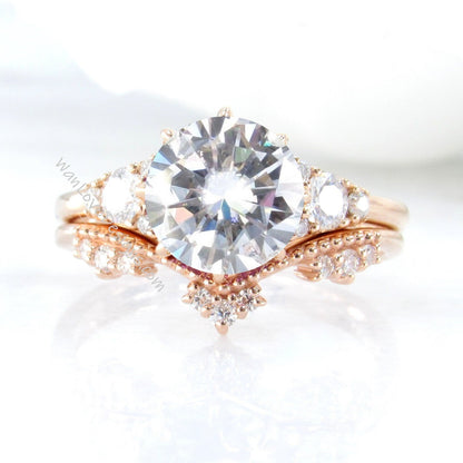 Unique Rose gold Moissanite engagement ring set Round Cluster Royal ring Round women Curved crown Diamond wedding Band Ring Bridal gift Wan Love Designs