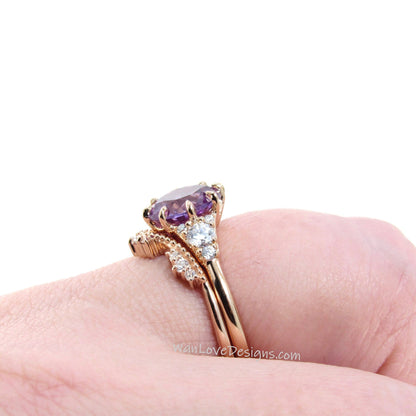 Unique Rose gold Purple Sapphire Alexandrite engagement ring set Round Cluster Royal ring women Curved crown Diamond wedding Bridal gift Wan Love Designs