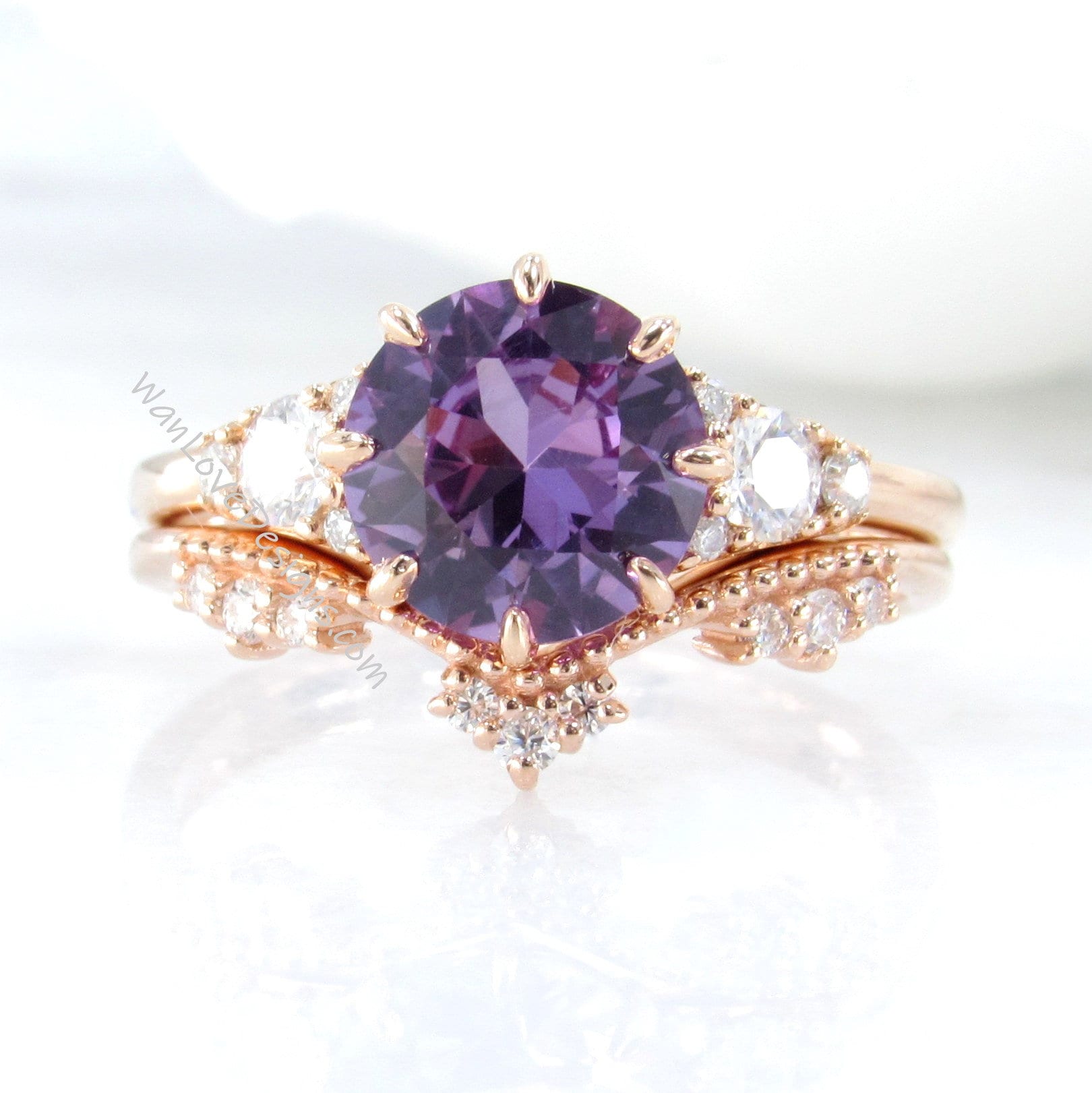 Unique Rose gold Purple Sapphire Alexandrite engagement ring set Round Cluster Royal ring women Curved crown Diamond wedding Bridal gift Wan Love Designs