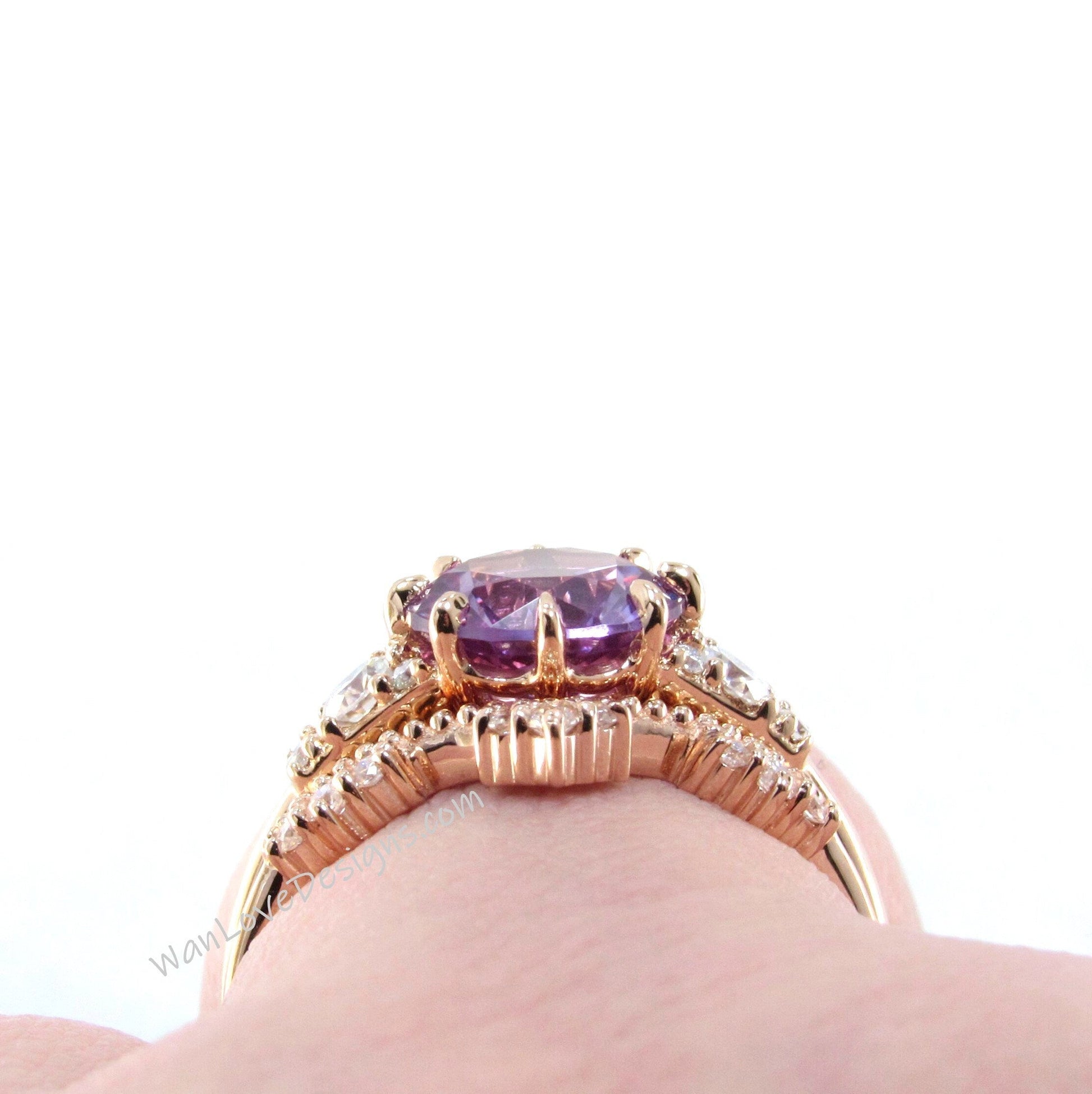 Unique Rose gold Purple Sapphire Alexandrite engagement ring set Round Cluster Royal ring women Curved crown Diamond wedding Bridal gift Wan Love Designs