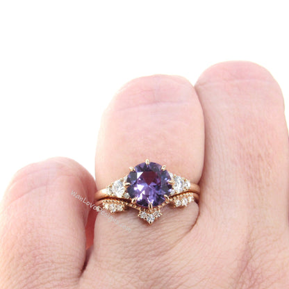 Unique Rose gold Purple Sapphire Alexandrite engagement ring set Round Cluster Royal ring women Curved crown Diamond wedding Bridal gift Wan Love Designs