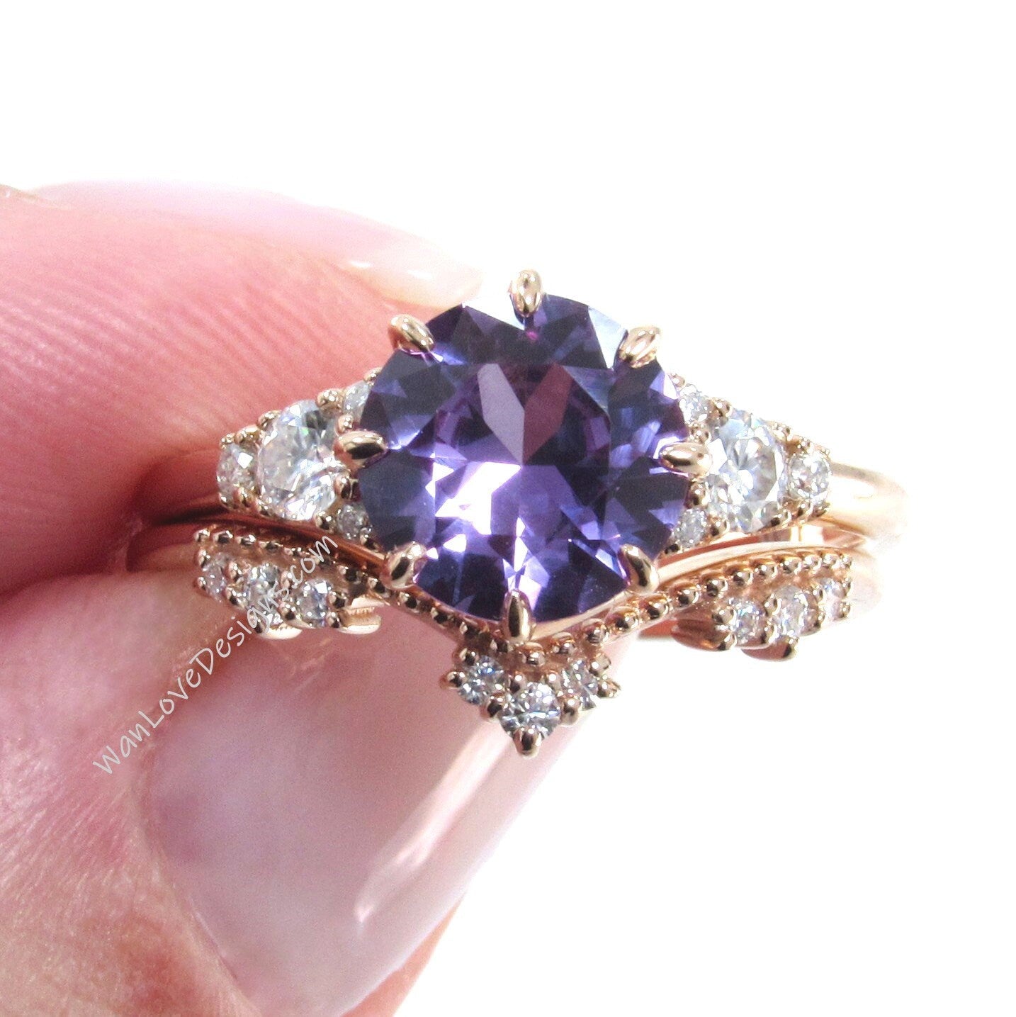 Unique Rose gold Purple Sapphire Alexandrite engagement ring set Round Cluster Royal ring women Curved crown Diamond wedding Bridal gift Wan Love Designs