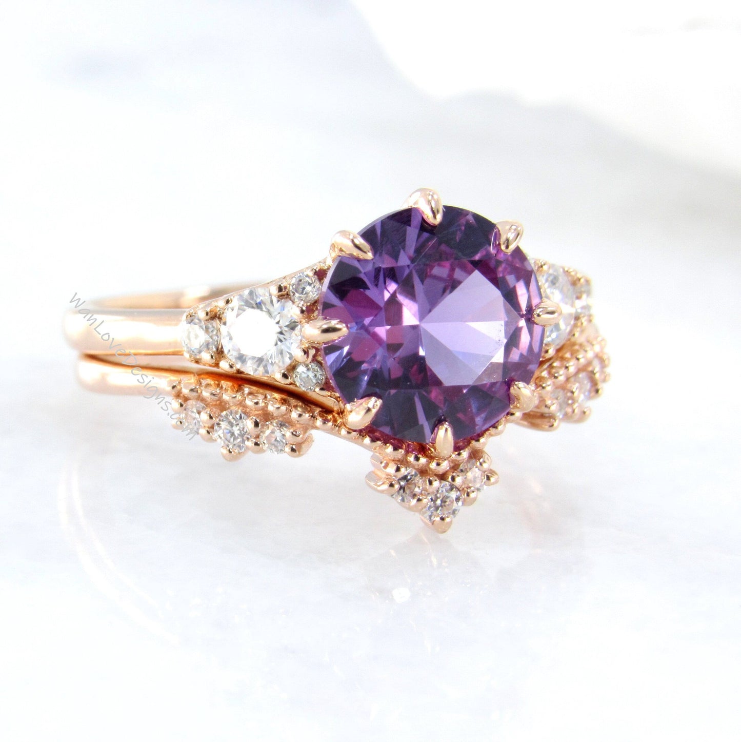 Unique Rose gold Purple Sapphire Alexandrite engagement ring set Round Cluster Royal ring women Curved crown Diamond wedding Bridal gift Wan Love Designs