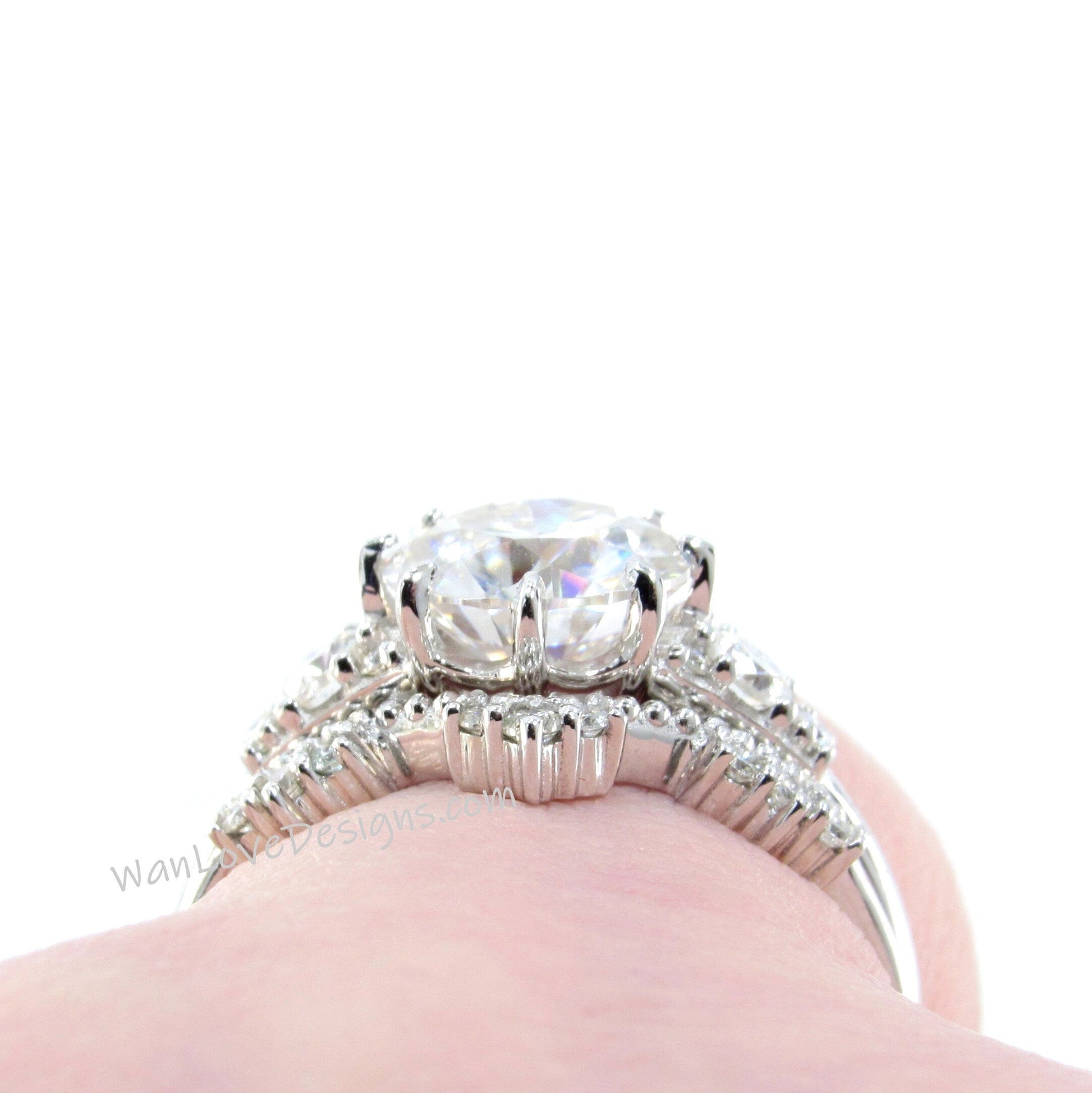 Unique Rose gold White Sapphire engagement ring set Round Cluster Royal ring Round women Curved crown Diamond wedding Band Ring Bridal gift Wan Love Designs