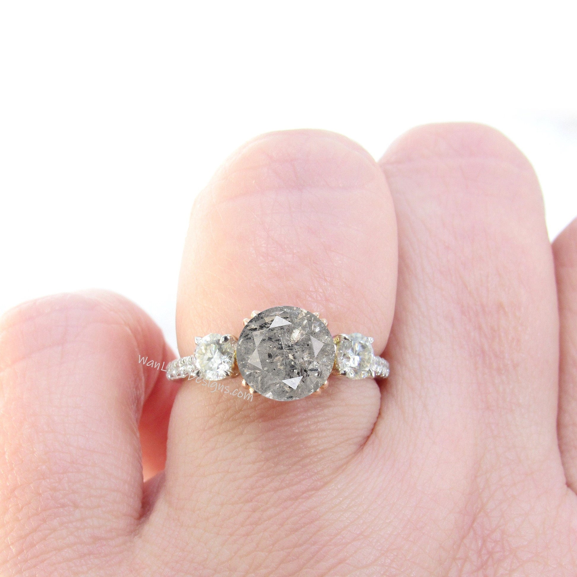 Unique Salt Pepper Diamond Engagement Ring with Side Round Diamonds, Round Diamond Ring, Three stone Diamond Ring Cluster ring Promise ring Wan Love Designs