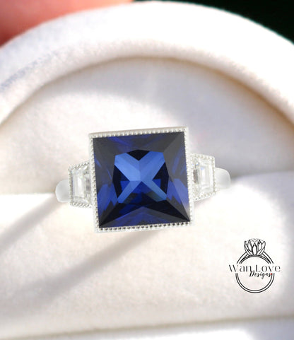 Unique Three Stone Ring, Blue Sapphire & Moissanite Cluster Ring, Trapeziod Moissanite Ring, Unique Princess Ring, Custom,WanLoveDesign Wan Love Designs