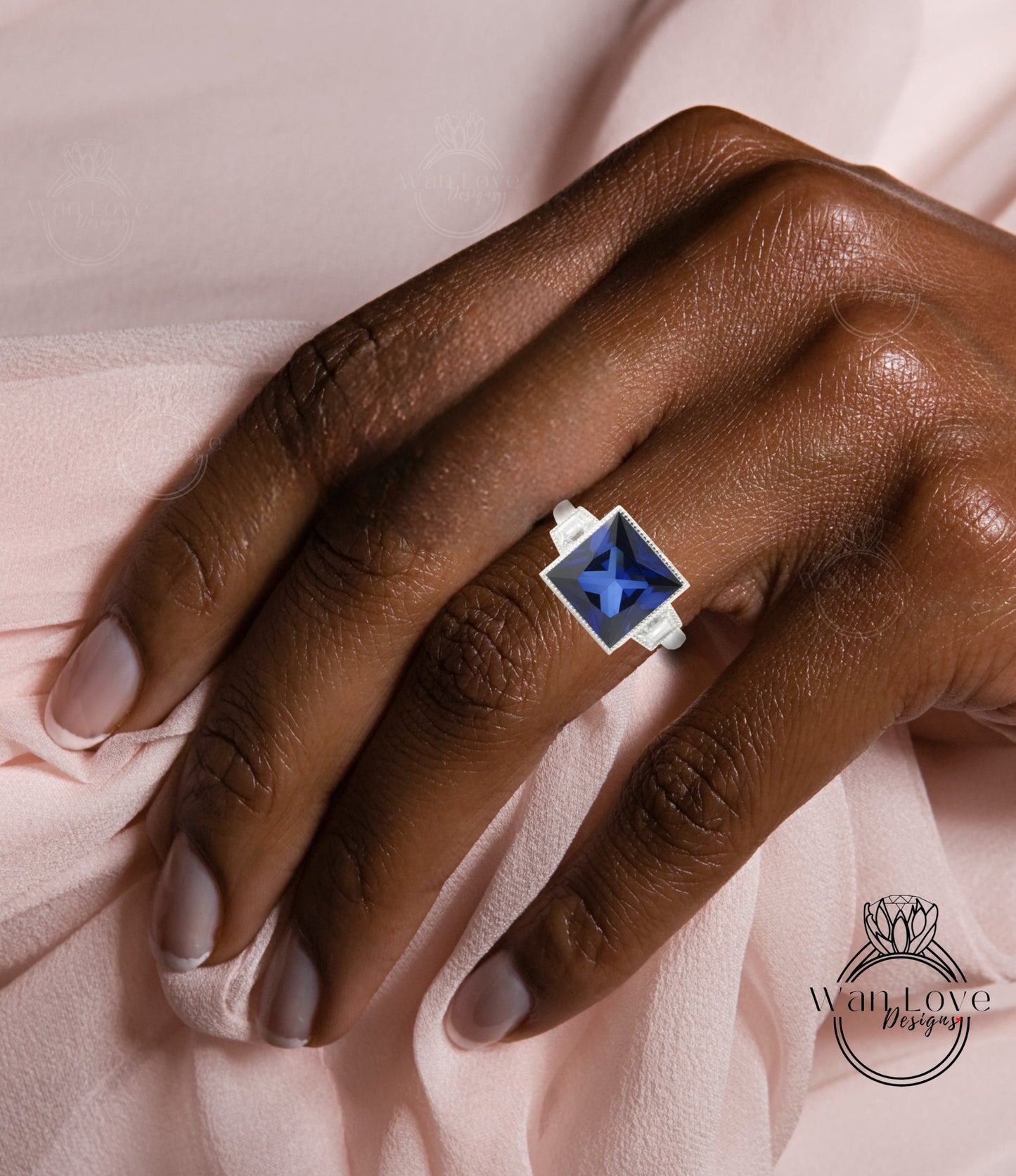 Unique Three Stone Ring, Blue Sapphire & Moissanite Cluster Ring, Trapeziod Moissanite Ring, Unique Princess Ring, Custom,WanLoveDesign Wan Love Designs