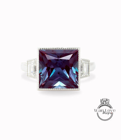 Unique Three Stone Ring, Multigemstone Cluster Ring, Trapeziod Alexandrite & Moissanite Ring, Unique Alexandrite Ring, Custom,WanLoveDesigns Wan Love Designs