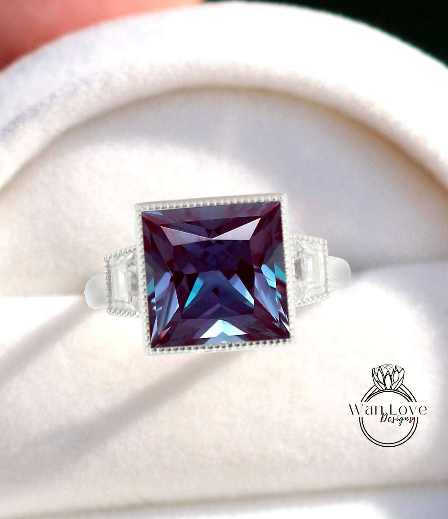 Unique Three Stone Ring, Multigemstone Cluster Ring, Trapeziod Alexandrite & Moissanite Ring, Unique Alexandrite Ring, Custom,WanLoveDesigns Wan Love Designs