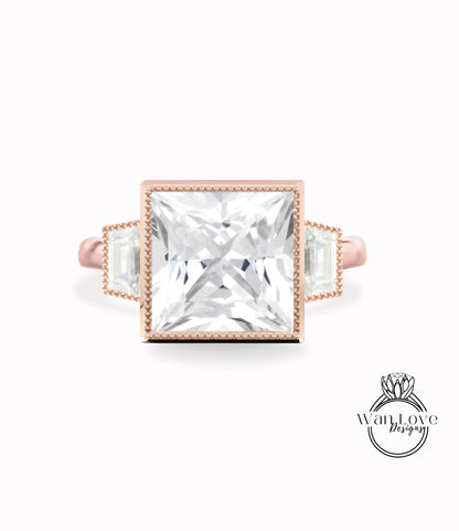 Unique Three Stone Ring, White Sapphire Moissanite Cluster Ring, Trapeziod White Sapphire Ring, Unique Princess Ring, Custom, WanLoveDesigns Wan Love Designs
