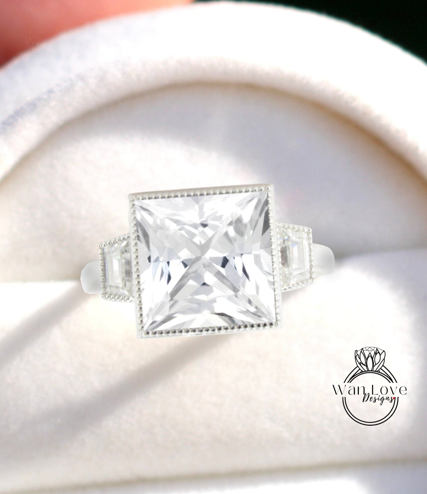 Unique Three Stone Ring, White Sapphire Moissanite Cluster Ring, Trapeziod White Sapphire Ring, Unique Princess Ring, Custom, WanLoveDesigns Wan Love Designs