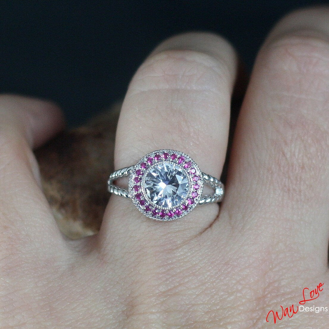 Unique White Sapphire Rub engagement ring  Milgrain Round Bezel Halo ring Twisted art deco wedding Bridal ring Anniversary promise-Ready Wan Love Designs