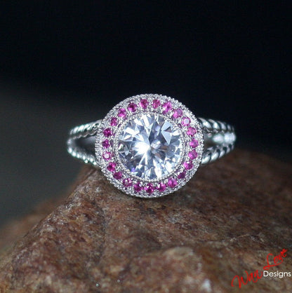 Unique White Sapphire Rub engagement ring  Milgrain Round Bezel Halo ring Twisted art deco wedding Bridal ring Anniversary promise-Ready Wan Love Designs