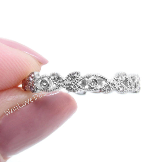 Unique leaf diamond wedding band filigree milgrain prong round diamond vintage 14K/18K gold band Antique Bridal Promise Anniversary ring Wan Love Designs
