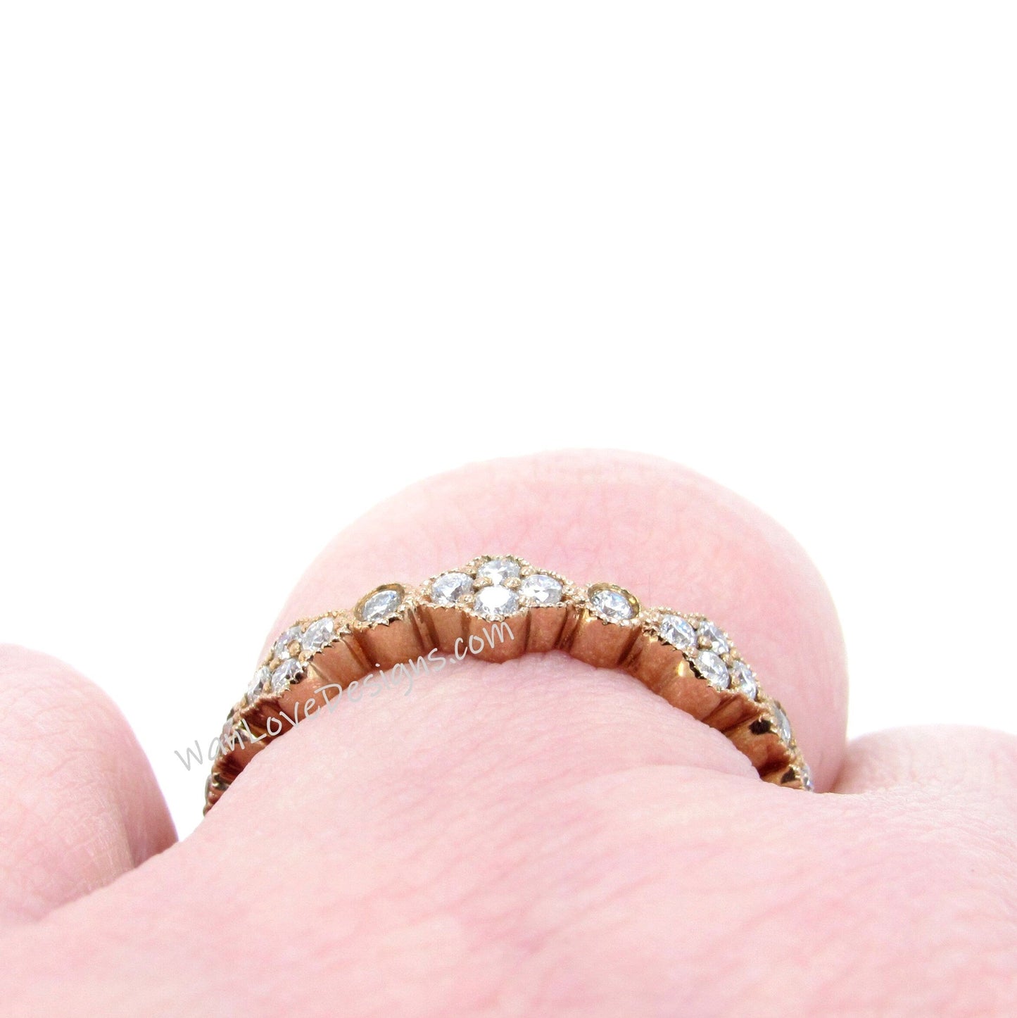 Unique moissanite wedding band, Moissanite stacking ring, Floral Quatrefoil Moissanite stacking band, White Rose gold ring-Ready to Ship Wan Love Designs